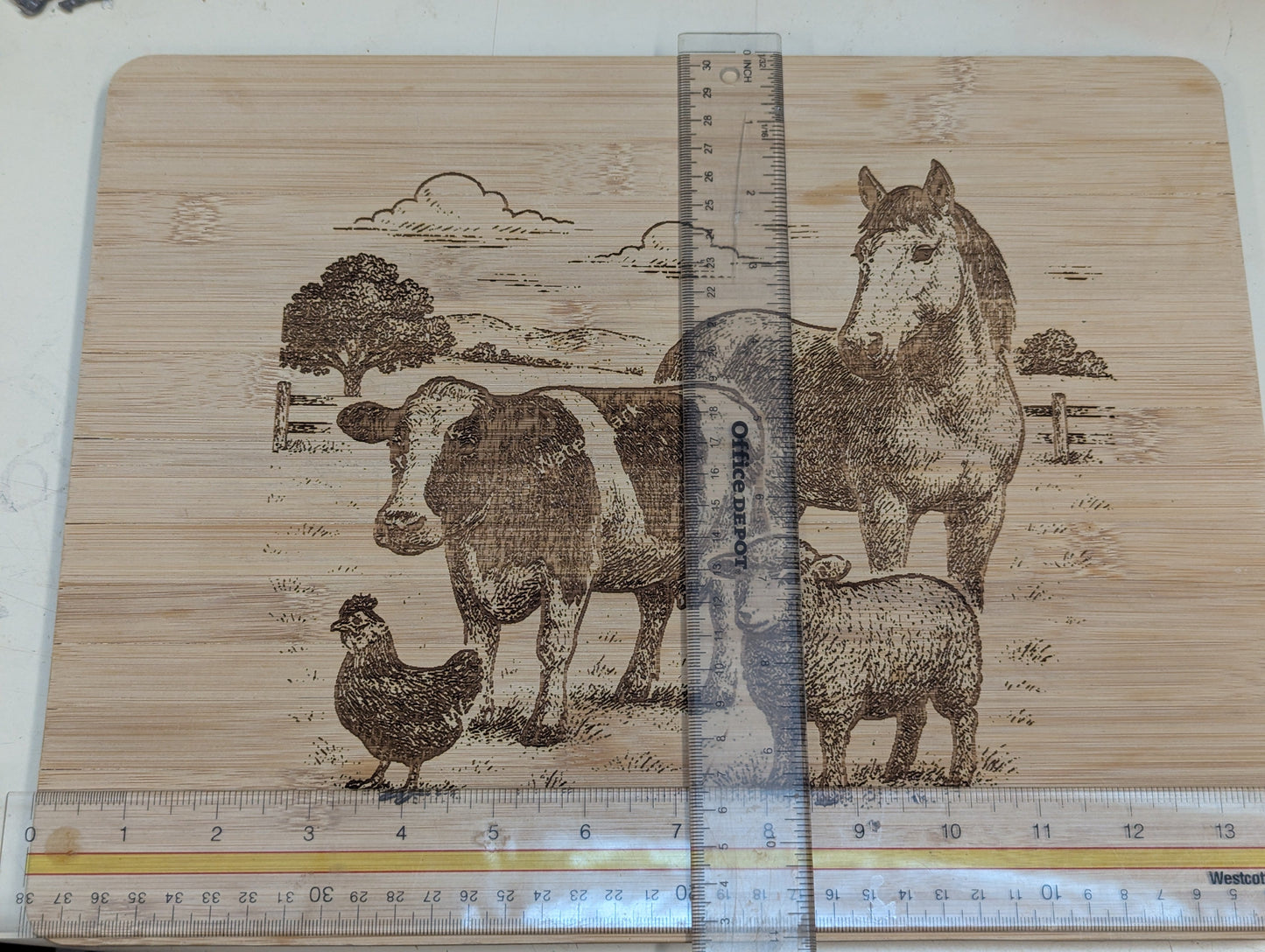 wood burn cutting board farm theme