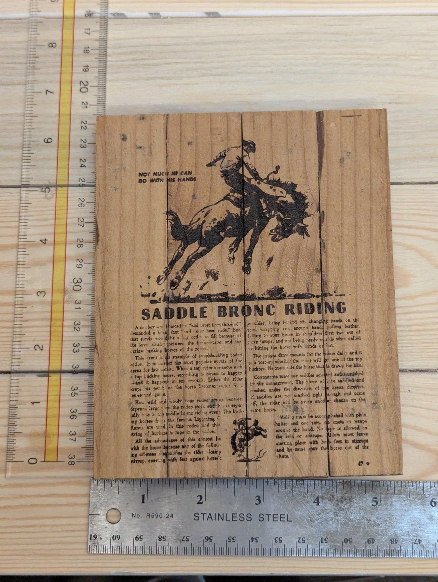 Wood burn bronc riding