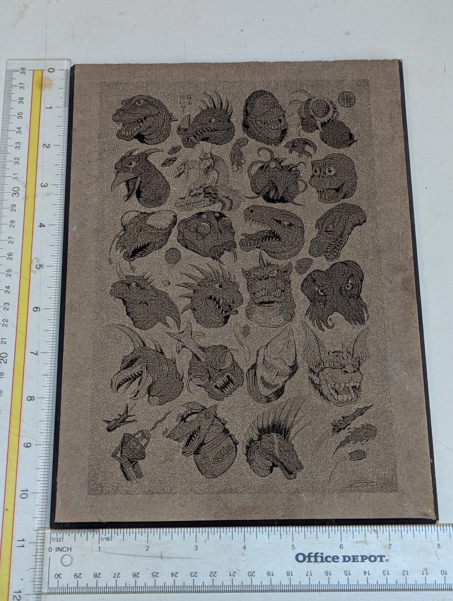 Wood burn Godzilla collage monsters characters heads
