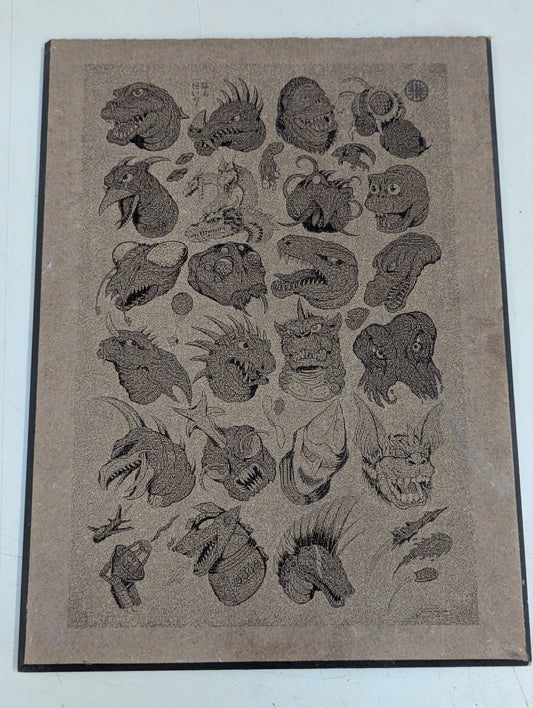 Wood burn Godzilla collage monsters characters heads