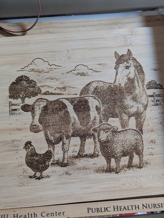 wood burn cutting board farm theme