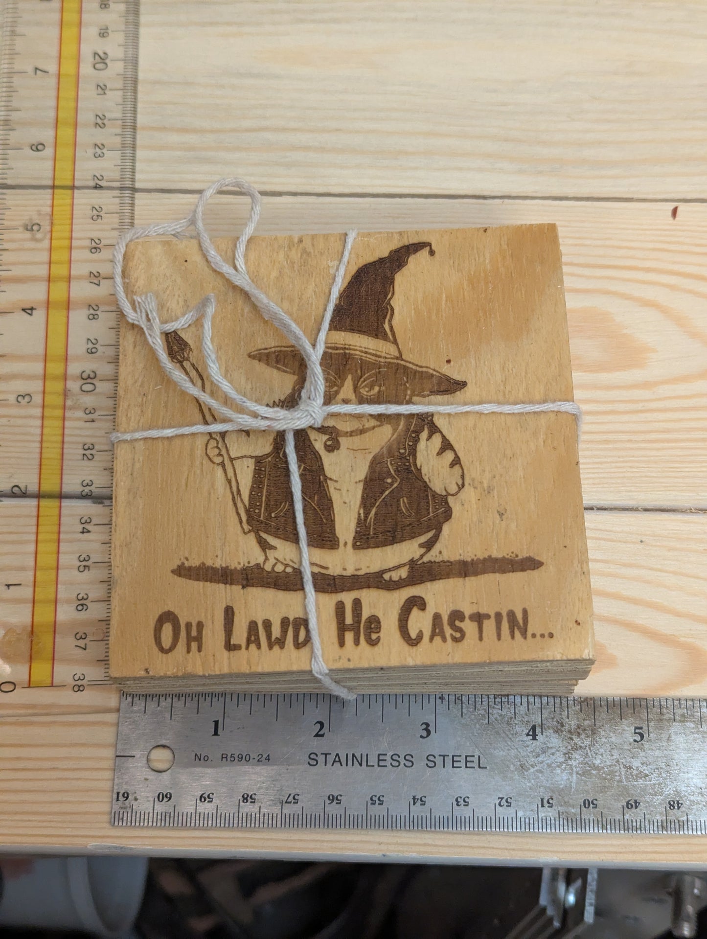 Wood coaster cat wizard