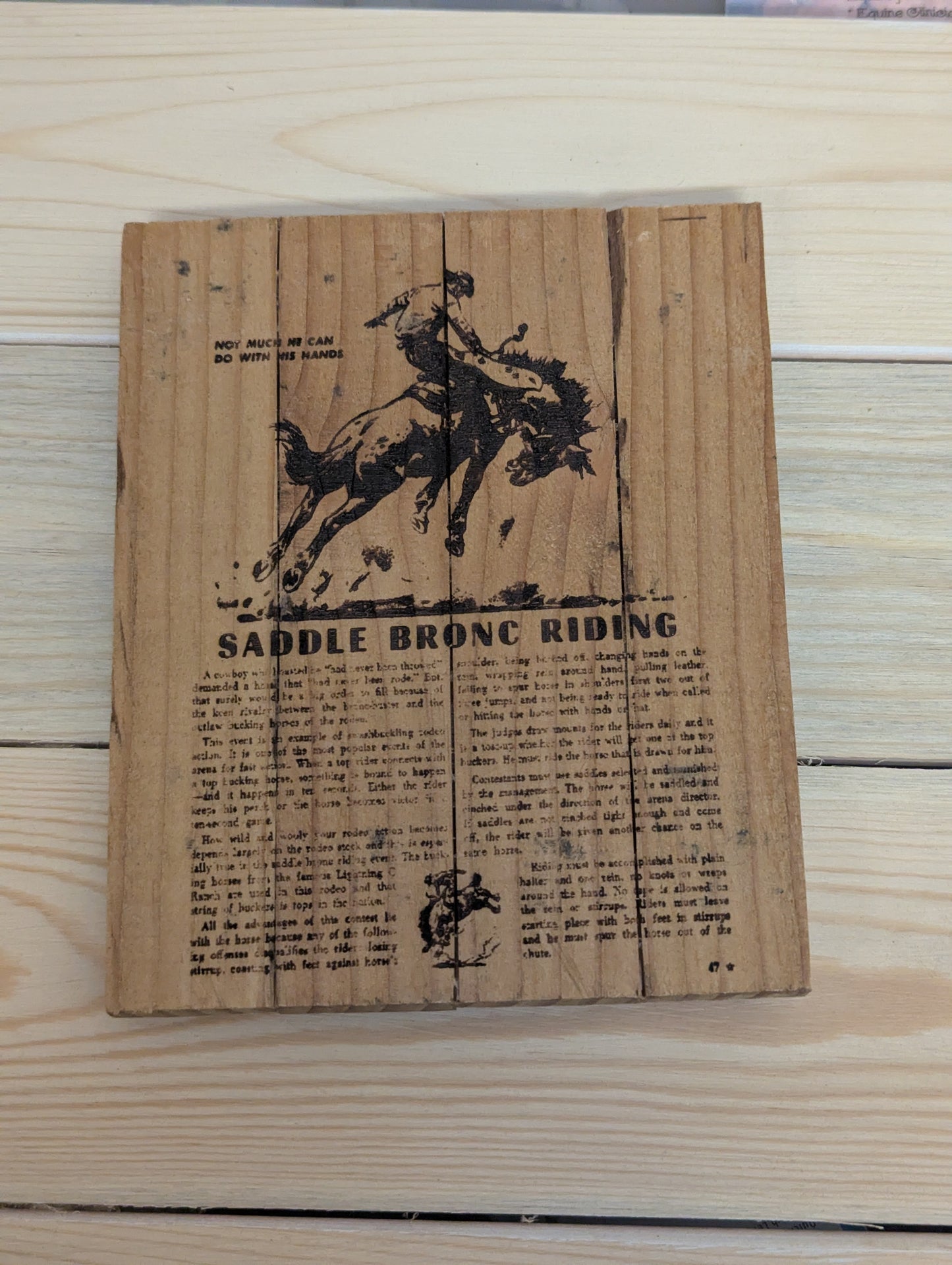 Wood burn bronc riding