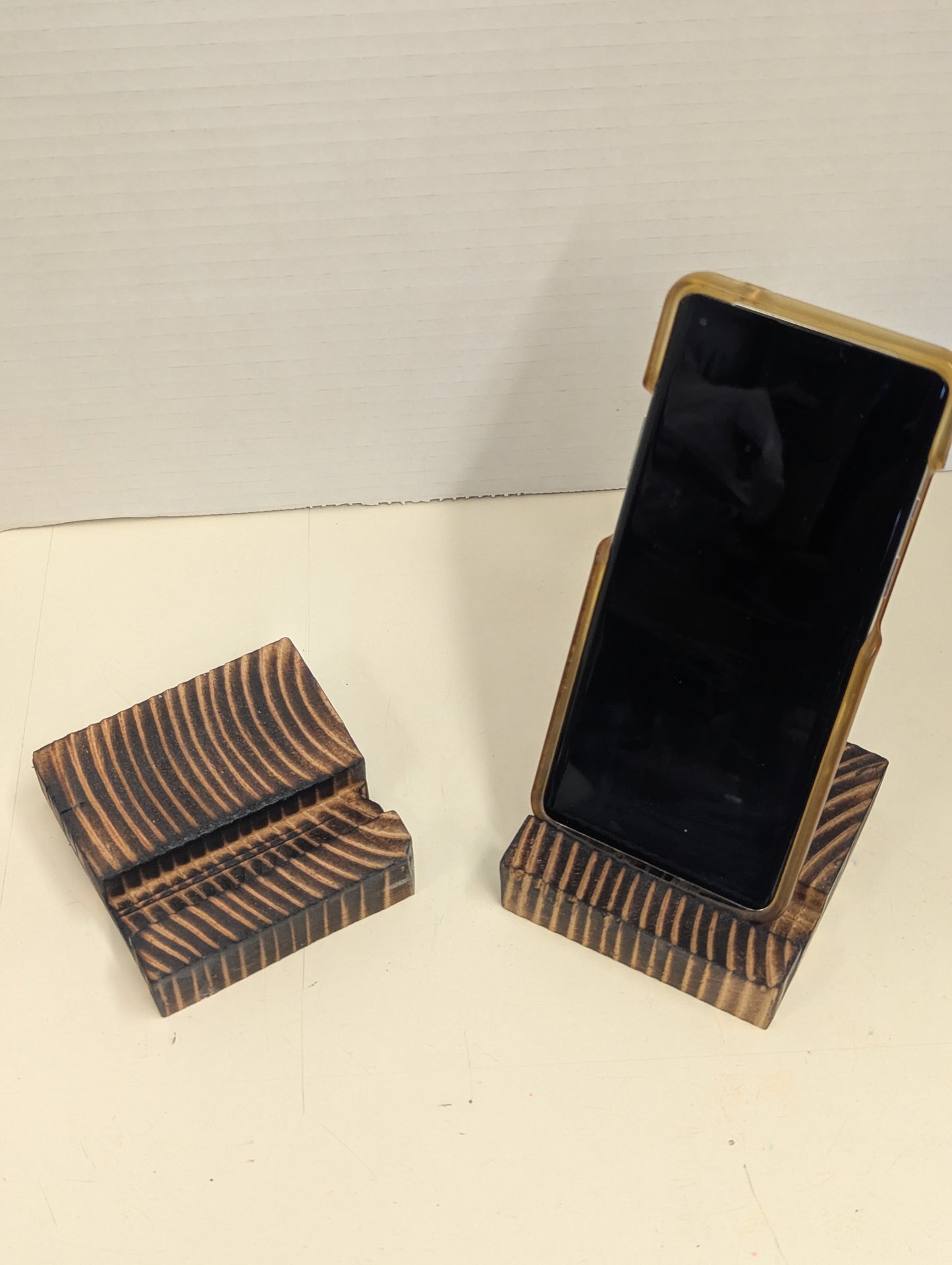 Wood burning phone stand