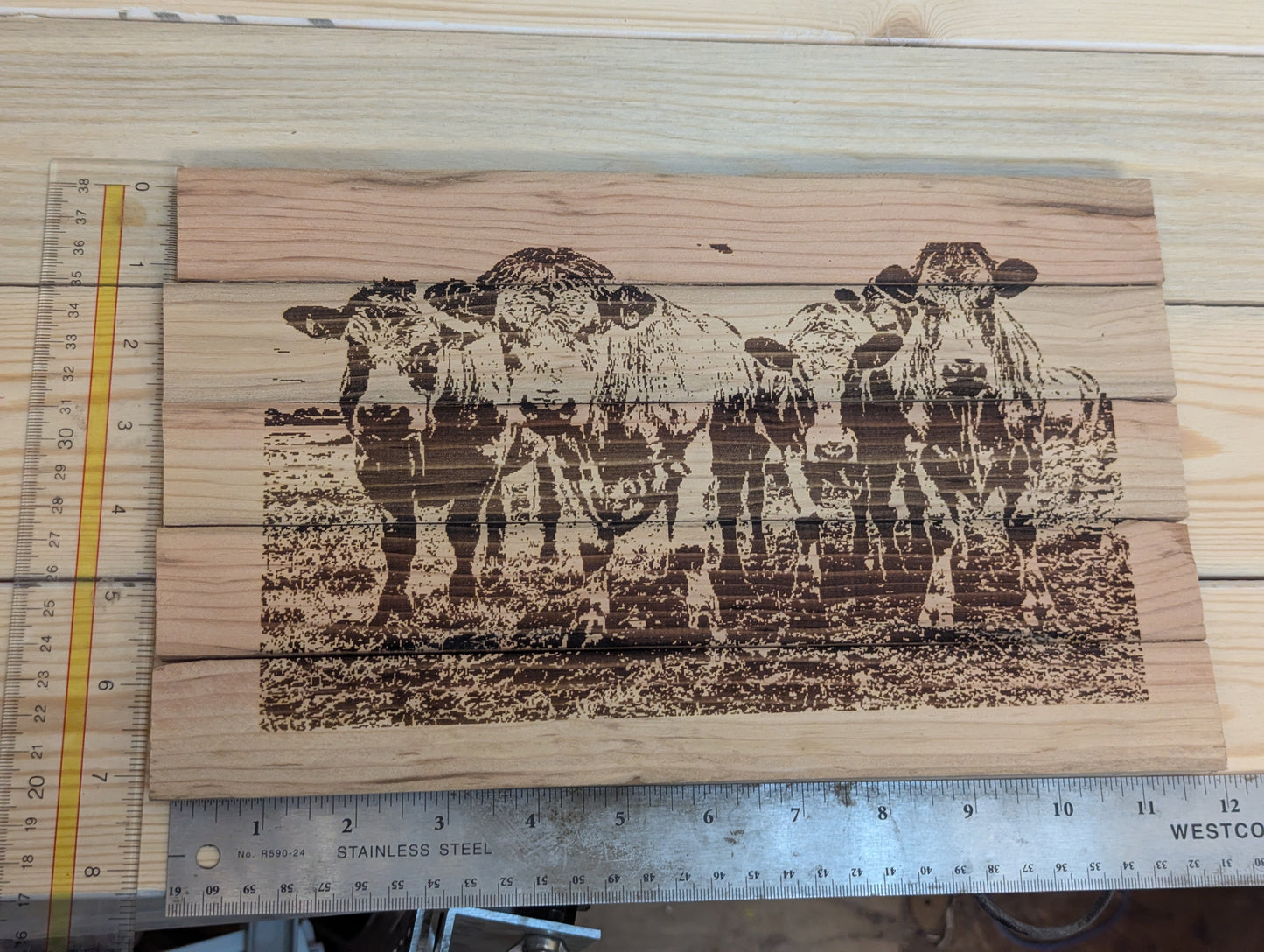 Wood etch cow pose