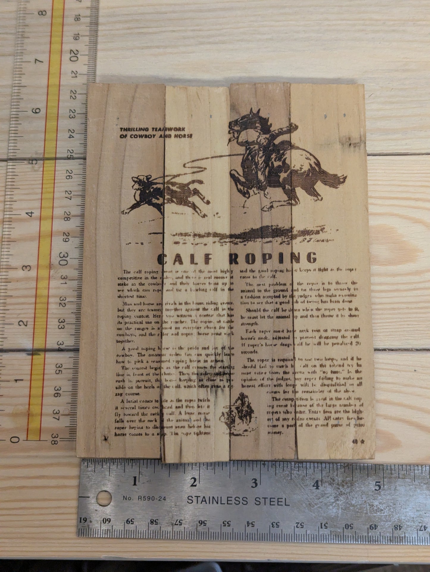 Wood burn bull roping