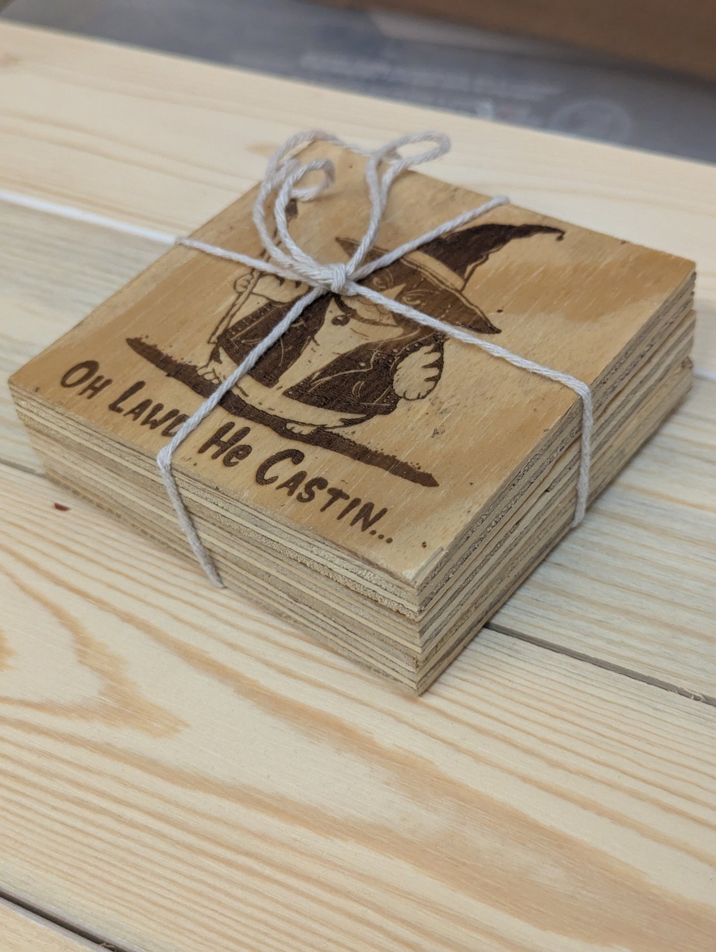 Wood coaster cat wizard