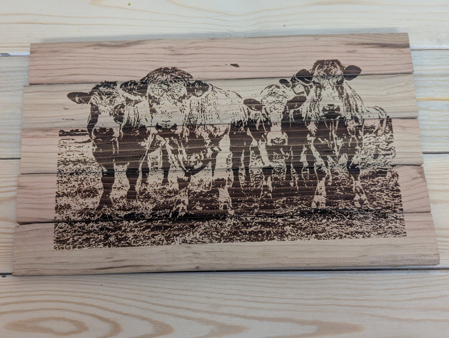 Wood etch cow pose