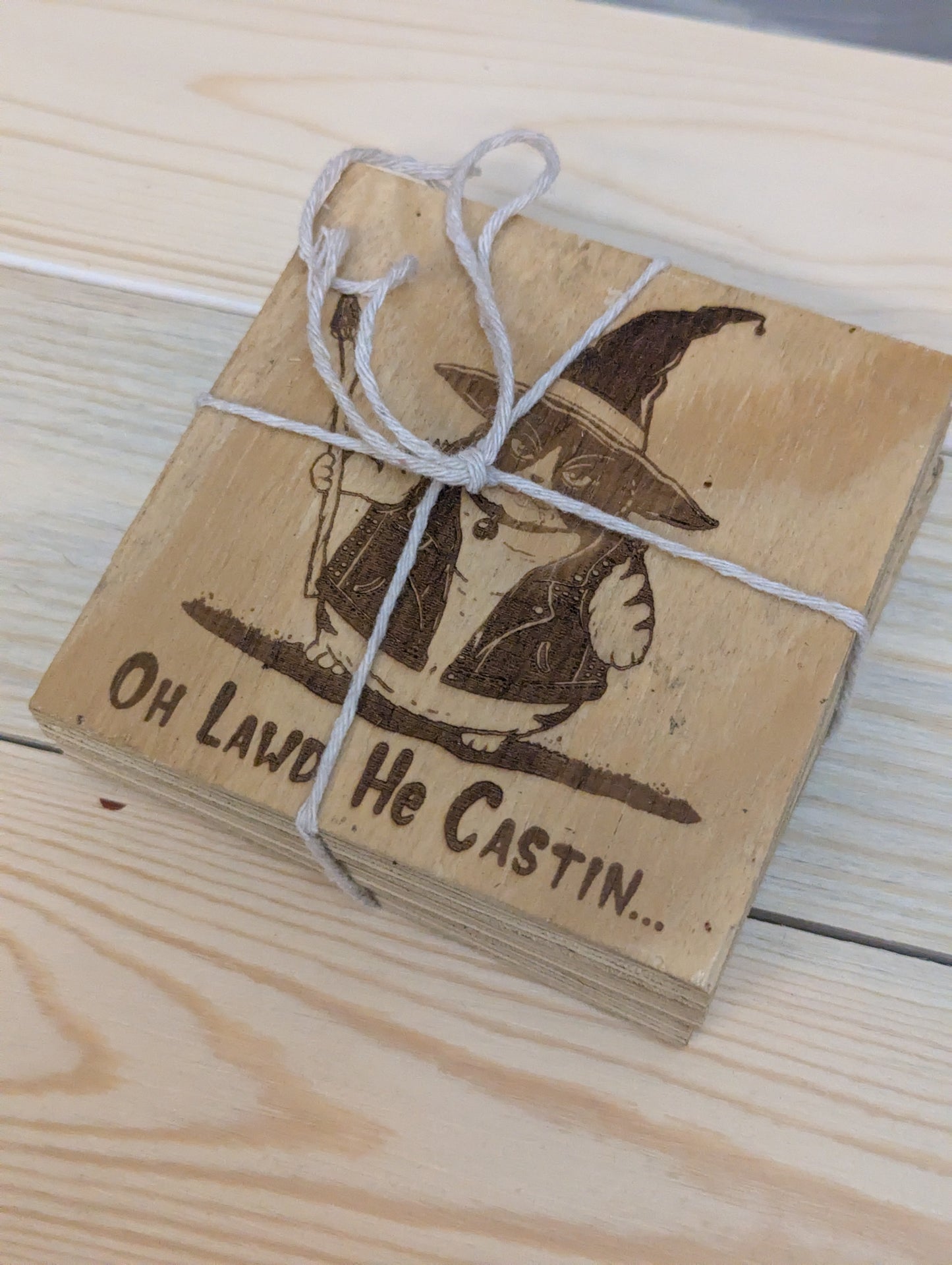 Wood coaster cat wizard